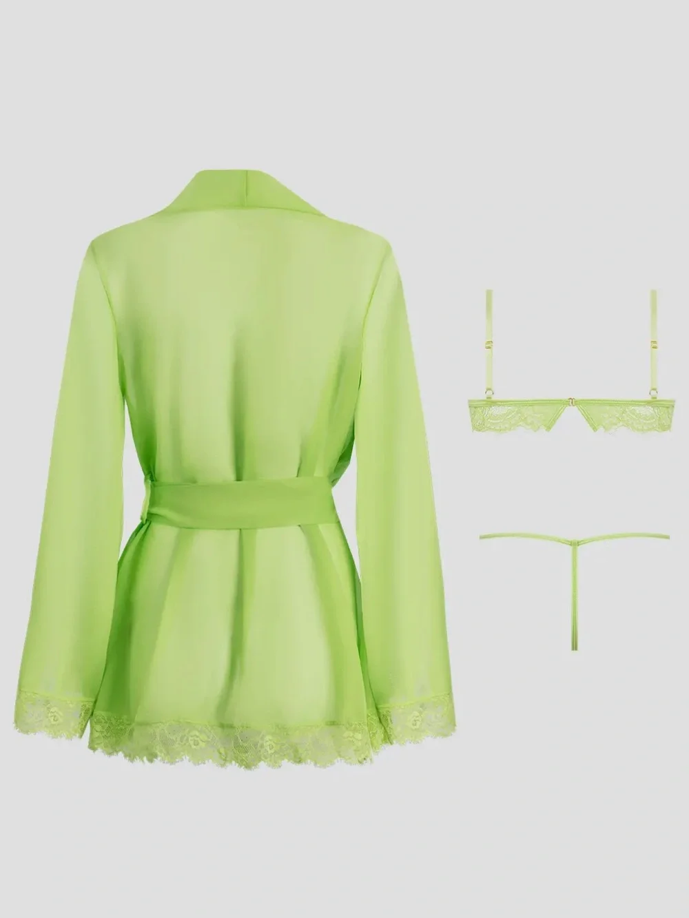 NWT 3pc Lace Bralette & Thong Lingerie Set with Sheer Robe | Neon Lime | Size M